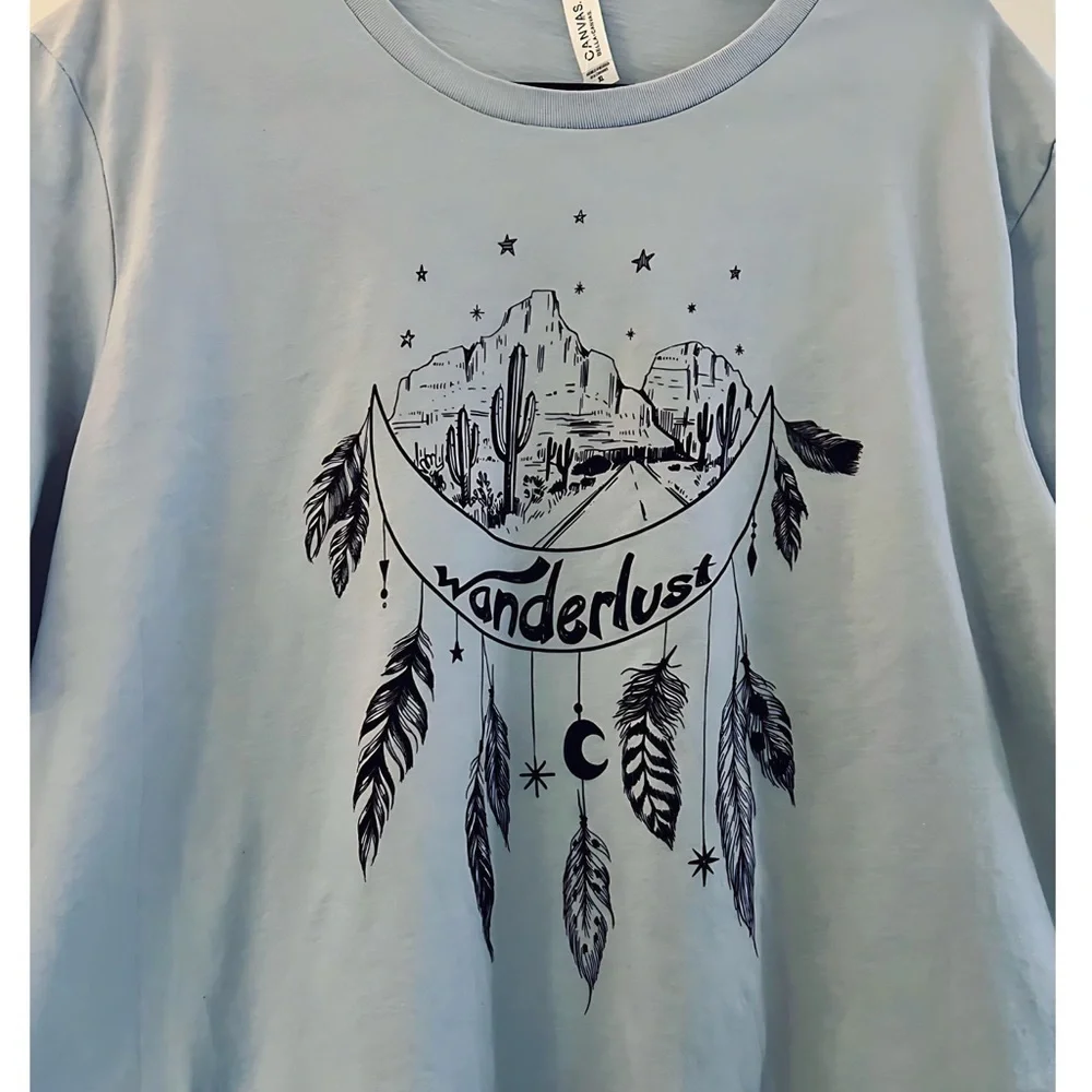 NEW! Bella Canvas Original Artwork Wanderlust Feathers Graphic Cotton Blue Tee! - Picture 2 of 3